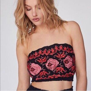 Free People NWT! Black/Red Embroidered Flowers Bandeau Top with Straps Size XS
